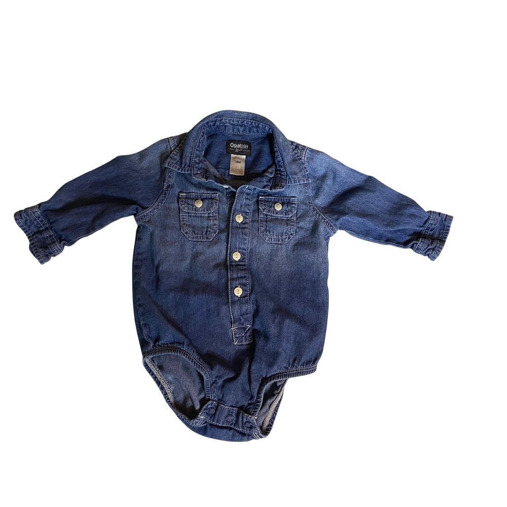OshKosh Bgosh Baby Blue Denim Long Sleeve Button Front Bodysuit 18M One Piece